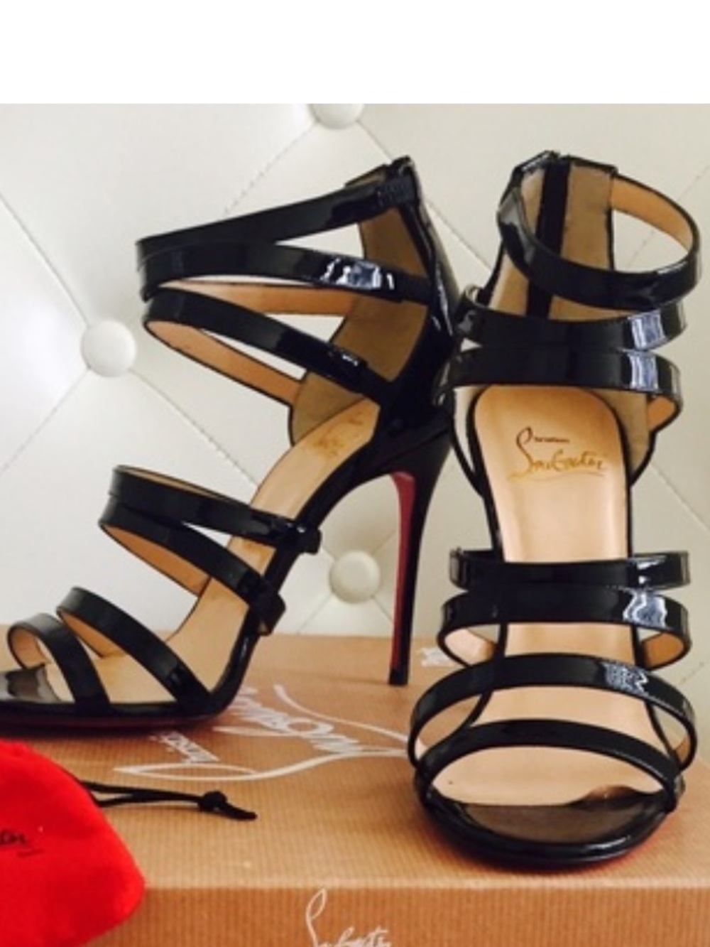 100% authentic Christian Louboutin Black Patent Multi-Strap High Heel Sandals